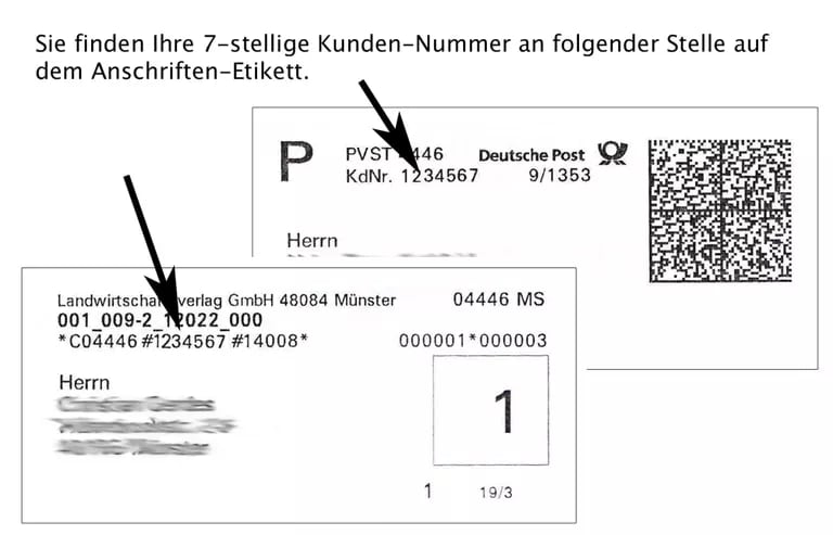Beispiel: Position der Kundennummer auf dem Adressetikett der Zeitschrift